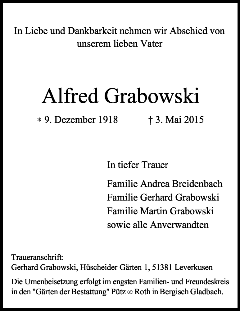  Traueranzeige für Alfred Grabowski vom 20.05.2015 aus Kölner Stadt-Anzeiger / Kölnische Rundschau / Express