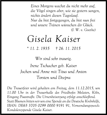 Anzeige von Gisela Kaiser von Kölner Stadt-Anzeiger / Kölnische Rundschau / Express