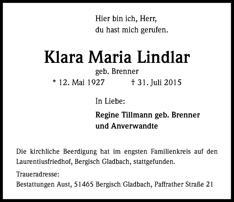  Traueranzeige für Klara Maria Lindlar vom 19.08.2015 aus Kölner Stadt-Anzeiger / Kölnische Rundschau / Express
