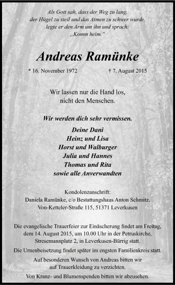 Anzeige von Andreas Ramünke von Kölner Stadt-Anzeiger / Kölnische Rundschau / Express