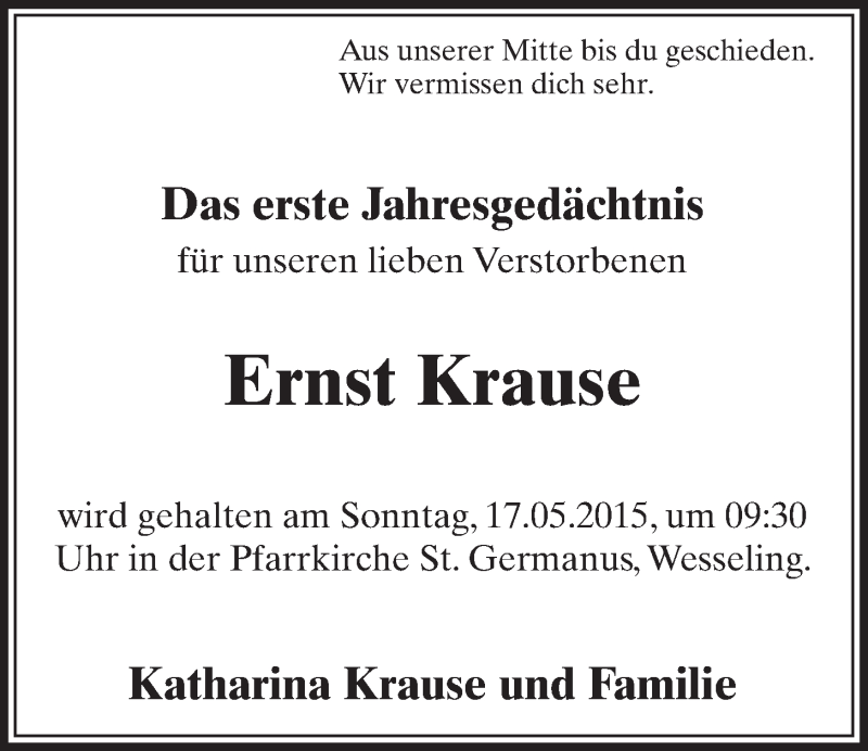  Traueranzeige für Ernst Krause vom 13.05.2015 aus  Schlossbote/Werbekurier 