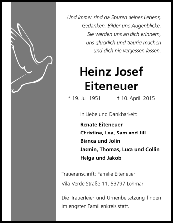 Anzeige von Heinz Josef Eiteneuer von Kölner Stadt-Anzeiger / Kölnische Rundschau / Express