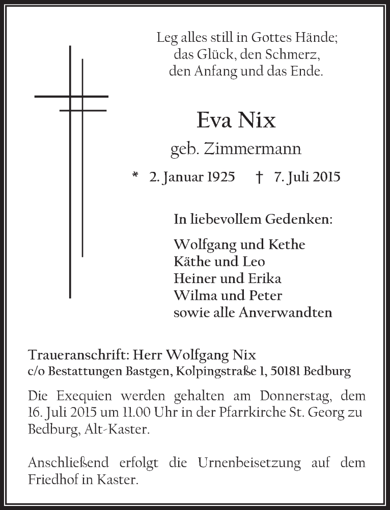  Traueranzeige für Eva Nix vom 15.07.2015 aus  Werbepost 