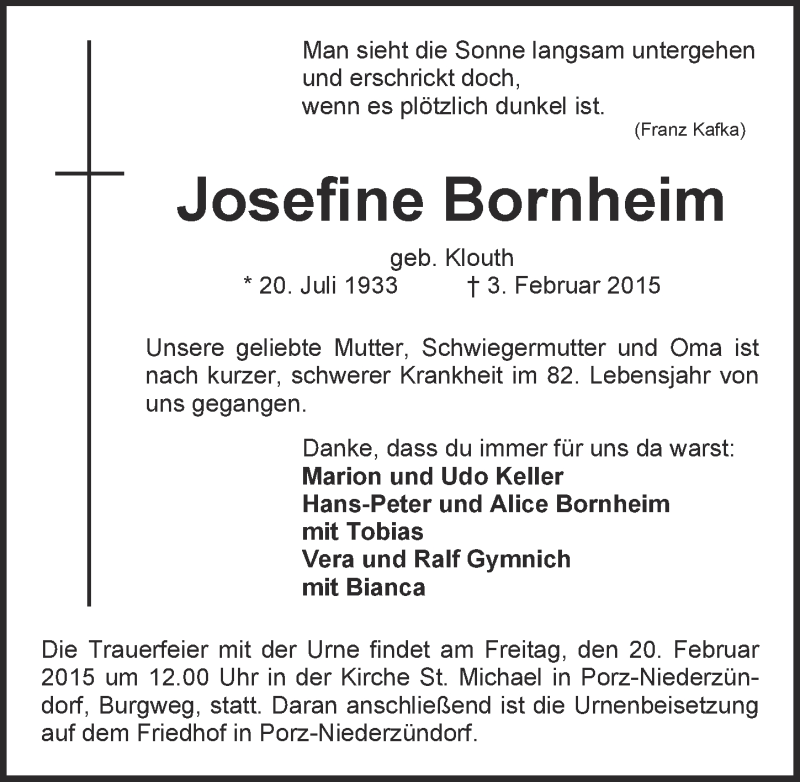  Traueranzeige für Josefine Bornheim vom 11.02.2015 aus  Kölner Wochenspiegel 