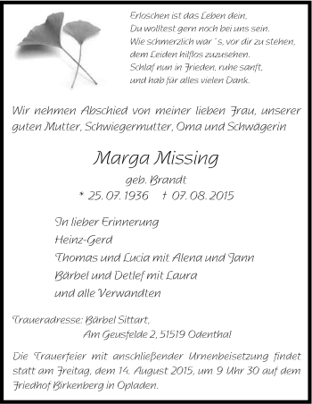 Anzeige von Marga Missing von Kölner Stadt-Anzeiger / Kölnische Rundschau / Express