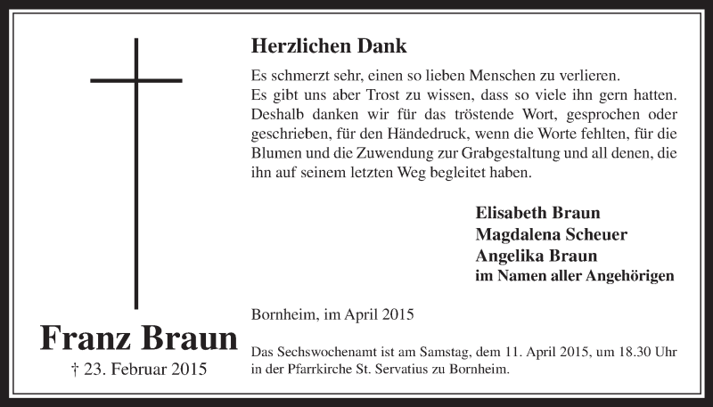  Traueranzeige für Franz Braun vom 01.04.2015 aus  Schaufenster/Blickpunkt 