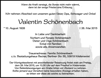 Anzeige von Valentin Schönenbach von Kölner Stadt-Anzeiger / Kölnische Rundschau / Express