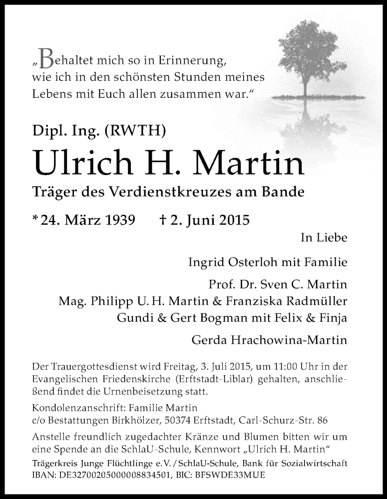  Traueranzeige für Ulrich Martin vom 20.06.2015 aus Kölner Stadt-Anzeiger / Kölnische Rundschau / Express