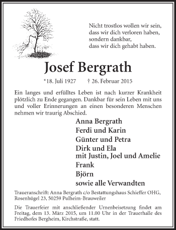 Anzeige von Josef Bergrath von  Sonntags-Post 