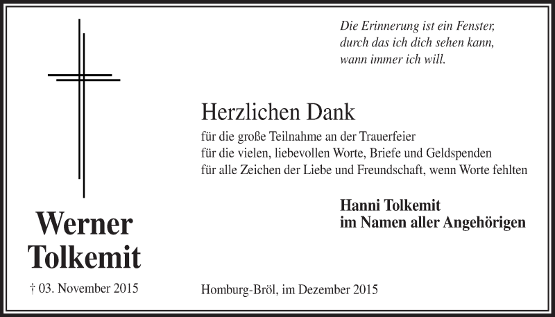  Traueranzeige für Werner Tolkemit vom 16.12.2015 aus  Lokalanzeiger 