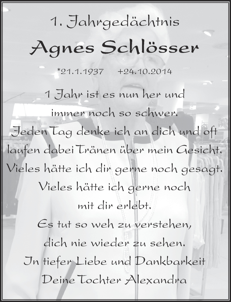  Traueranzeige für Agnes Schlösser vom 21.10.2015 aus  Extra Blatt 