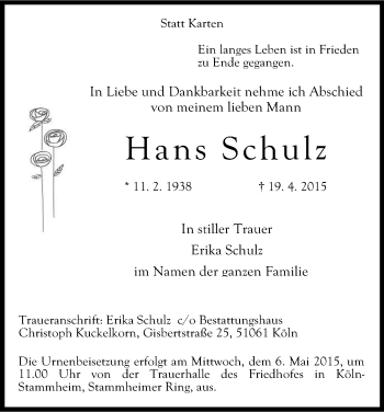 Anzeige von Hans Schulz von Kölner Stadt-Anzeiger / Kölnische Rundschau / Express