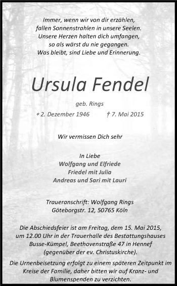 Anzeige von Ursula Fendel von Kölner Stadt-Anzeiger / Kölnische Rundschau / Express