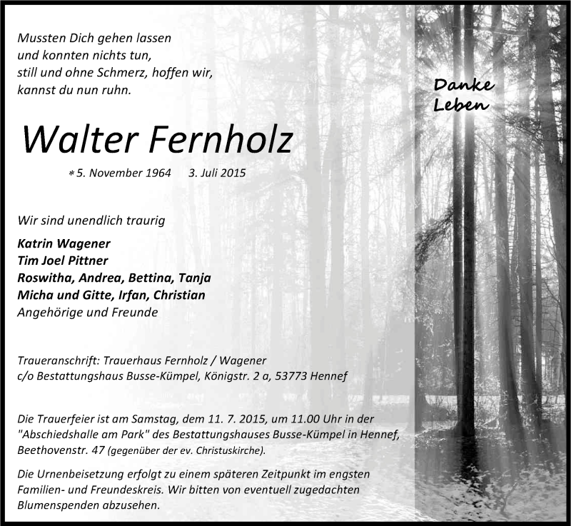  Traueranzeige für Walter Fernholz vom 08.07.2015 aus Kölner Stadt-Anzeiger / Kölnische Rundschau / Express
