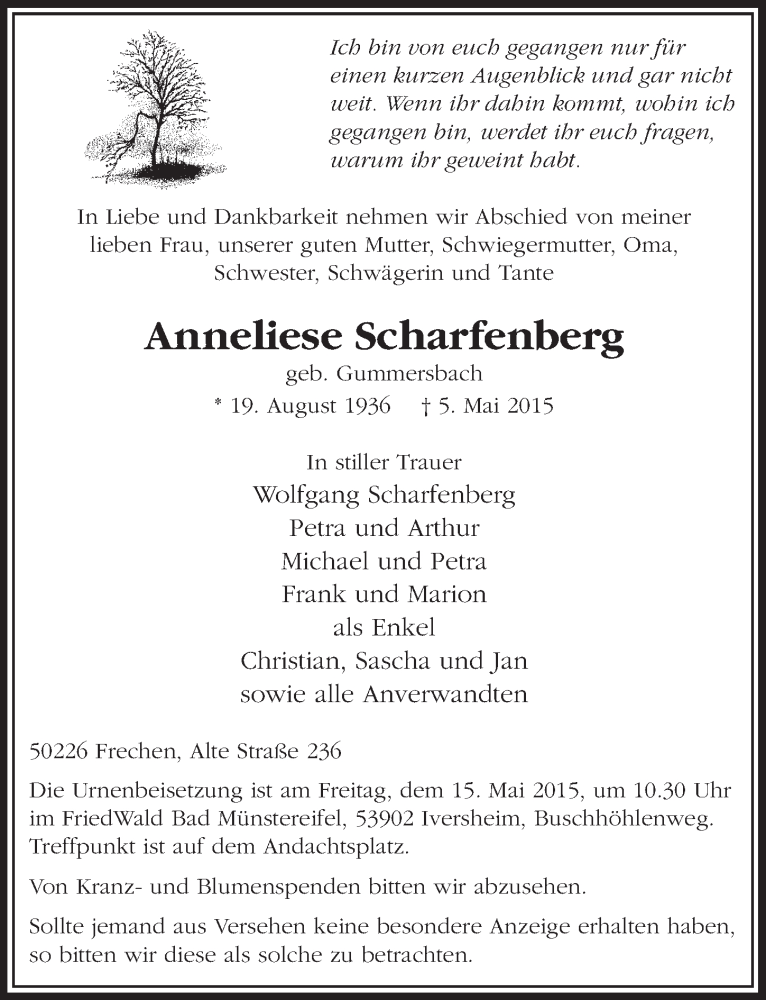  Traueranzeige für Anneliese Scharfenberg vom 09.05.2015 aus  Sonntags-Post 