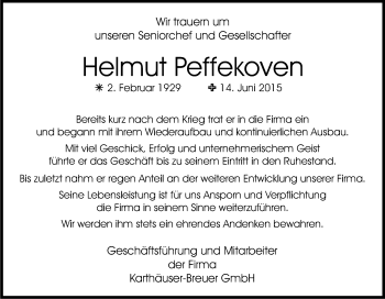 Anzeige von Helmut Peffekoven von Kölner Stadt-Anzeiger / Kölnische Rundschau / Express