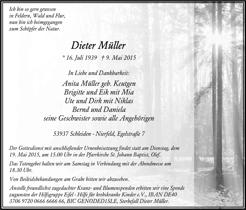  Traueranzeige für Dieter Müller vom 13.05.2015 aus Kölner Stadt-Anzeiger / Kölnische Rundschau / Express
