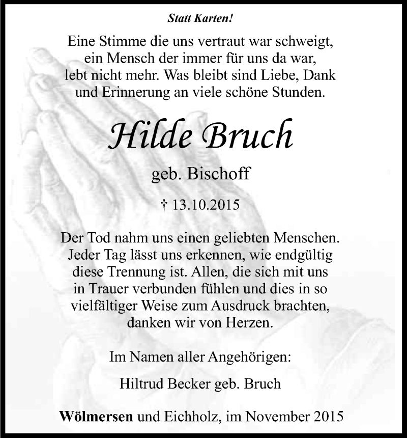  Traueranzeige für filde Bruch vom 28.11.2015 aus Kölner Stadt-Anzeiger / Kölnische Rundschau / Express