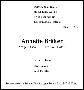 Anzeige von Annette Bräker von Kölner Stadt-Anzeiger / Kölnische Rundschau / Express