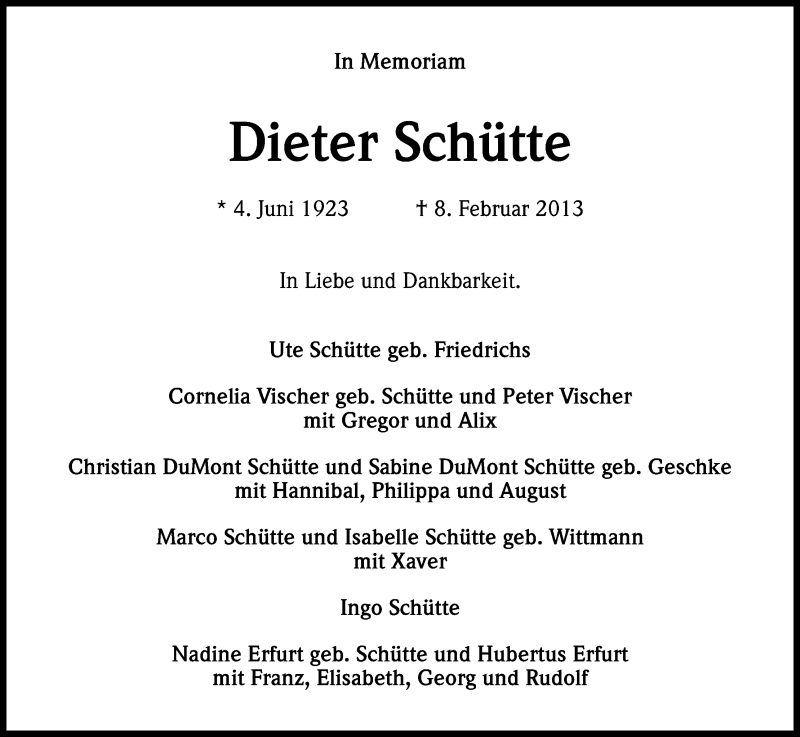  Traueranzeige für Dieter Schütte vom 07.02.2015 aus Kölner Stadt-Anzeiger / Kölnische Rundschau / Express