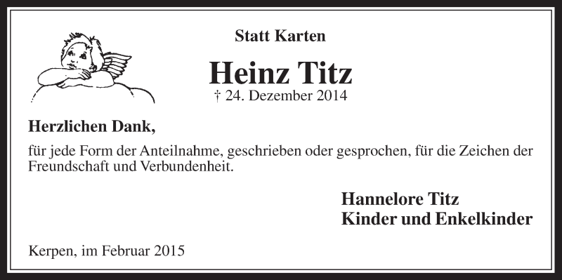  Traueranzeige für Heinz Titz vom 11.02.2015 aus  Werbepost 