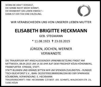 Anzeige von Elisabeth Brigitte Heckmann von Kölner Stadt-Anzeiger / Kölnische Rundschau / Express