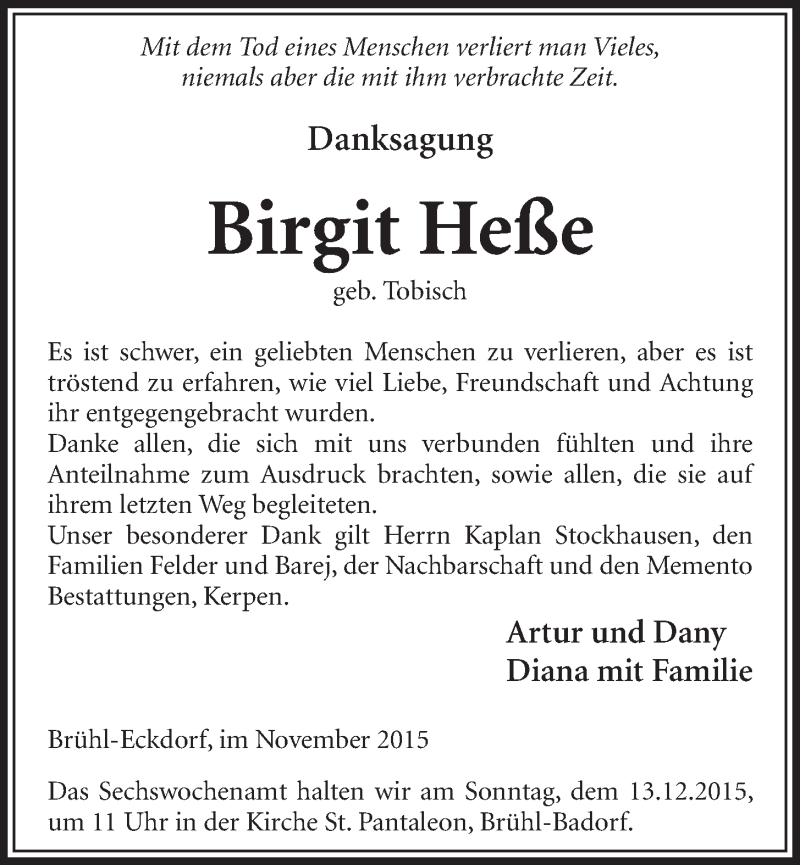  Traueranzeige für Birgit Heße vom 02.12.2015 aus  Schlossbote/Werbekurier 