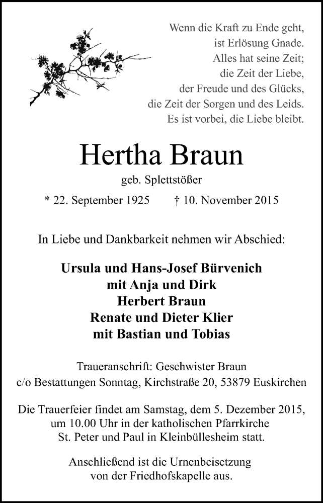  Traueranzeige für Hertha Braun vom 22.11.2015 aus  Blickpunkt Euskirchen 