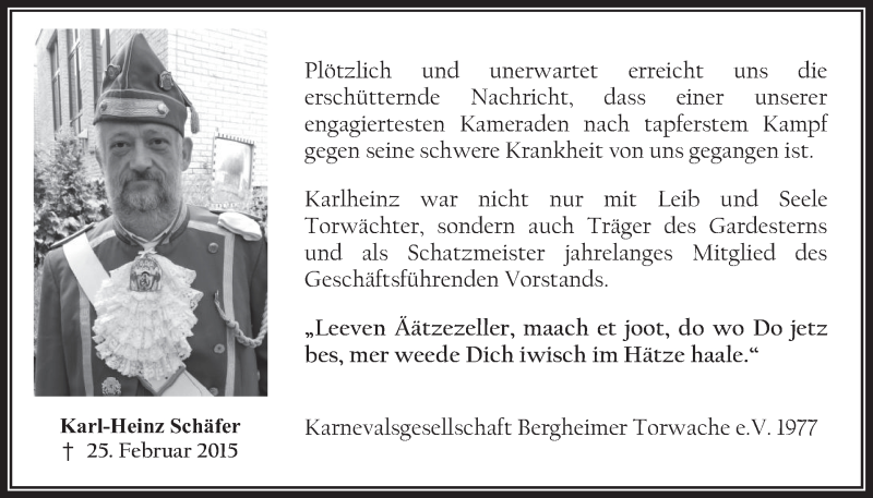  Traueranzeige für Karl-Heinz Schäfer vom 04.03.2015 aus  Werbepost 
