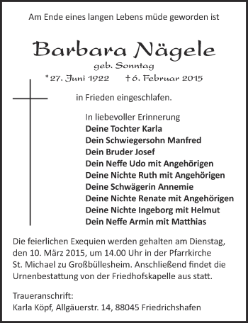 Anzeige von Barbara Nägele von  Blickpunkt Euskirchen 
