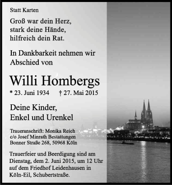 Anzeige von Willi Hombergs von Kölner Stadt-Anzeiger / Kölnische Rundschau / Express