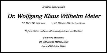 Anzeige von Wolfgang Klaus Wilhelm Meier von Kölner Stadt-Anzeiger / Kölnische Rundschau / Express