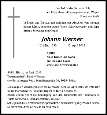 Anzeige von Johann Werner von Kölner Stadt-Anzeiger / Kölnische Rundschau / Express