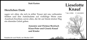 Anzeige von Lieselotte Knauf von Kölner Stadt-Anzeiger / Kölnische Rundschau / Express