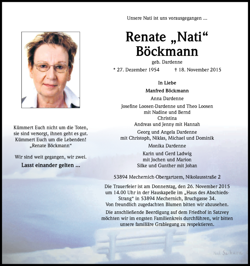 Traueranzeige für Renate Böckmann vom 24.11.2015 aus Kölner Stadt-Anzeiger / Kölnische Rundschau / Express