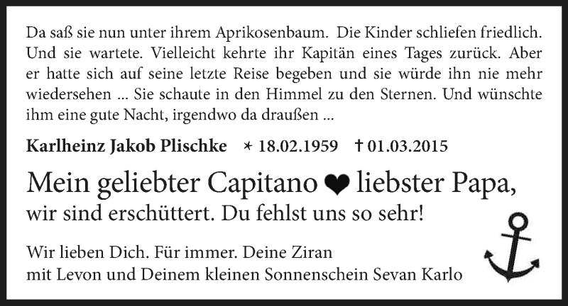  Traueranzeige für Karlheinz Jakob Plischke vom 07.03.2015 aus Kölner Stadt-Anzeiger / Kölnische Rundschau / Express