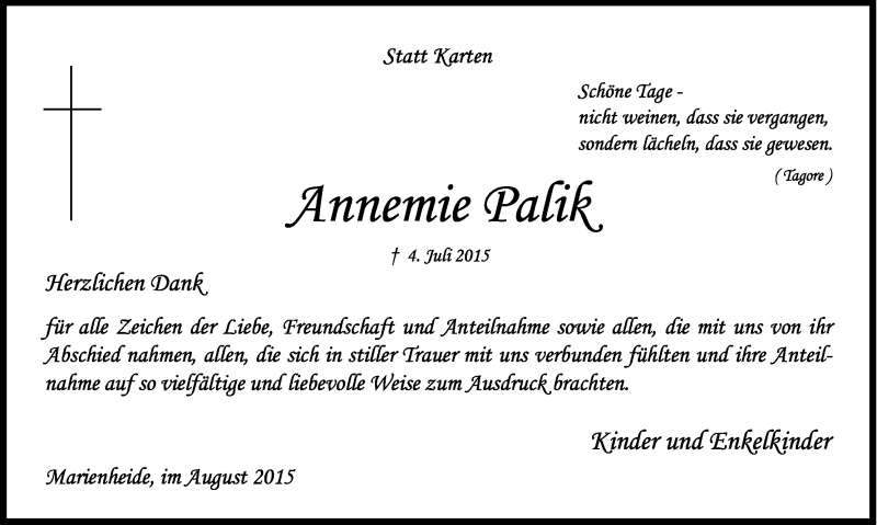  Traueranzeige für Annemie Palik vom 26.08.2015 aus Kölner Stadt-Anzeiger / Kölnische Rundschau / Express