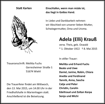 Anzeige von Adela  Krauß von Kölner Stadt-Anzeiger / Kölnische Rundschau / Express