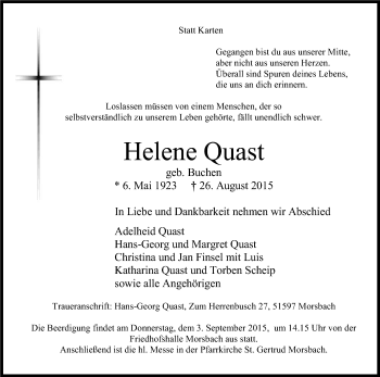 Anzeige von Helene Quast von Kölner Stadt-Anzeiger / Kölnische Rundschau / Express