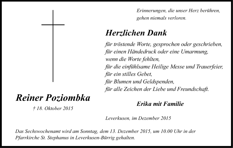  Traueranzeige für Reiner Poziombka vom 05.12.2015 aus Kölner Stadt-Anzeiger / Kölnische Rundschau / Express