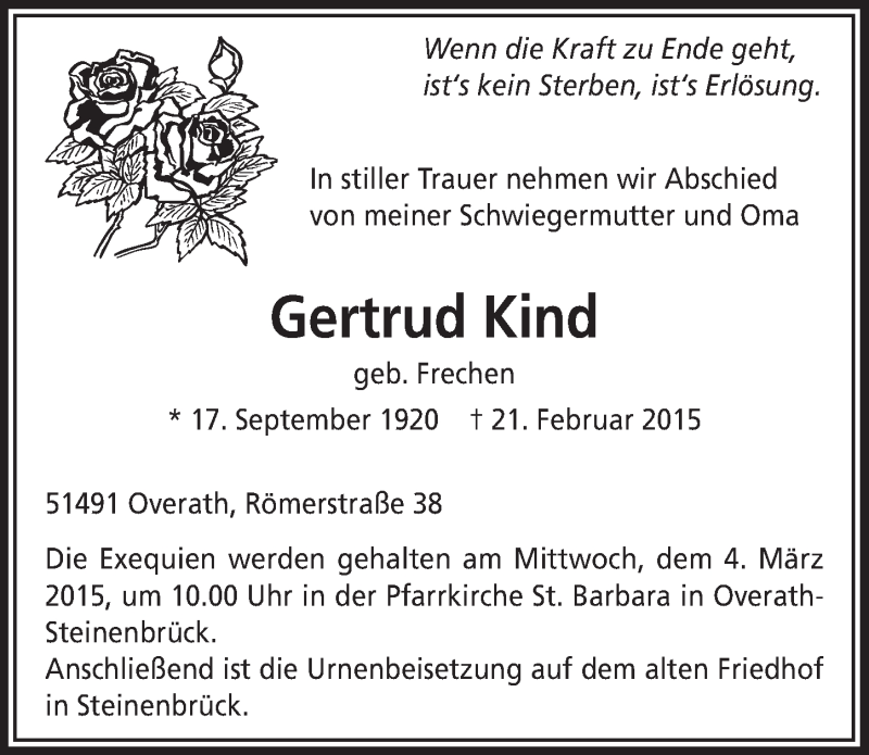  Traueranzeige für Gertrud Kind vom 25.02.2015 aus  Bergisches Handelsblatt 