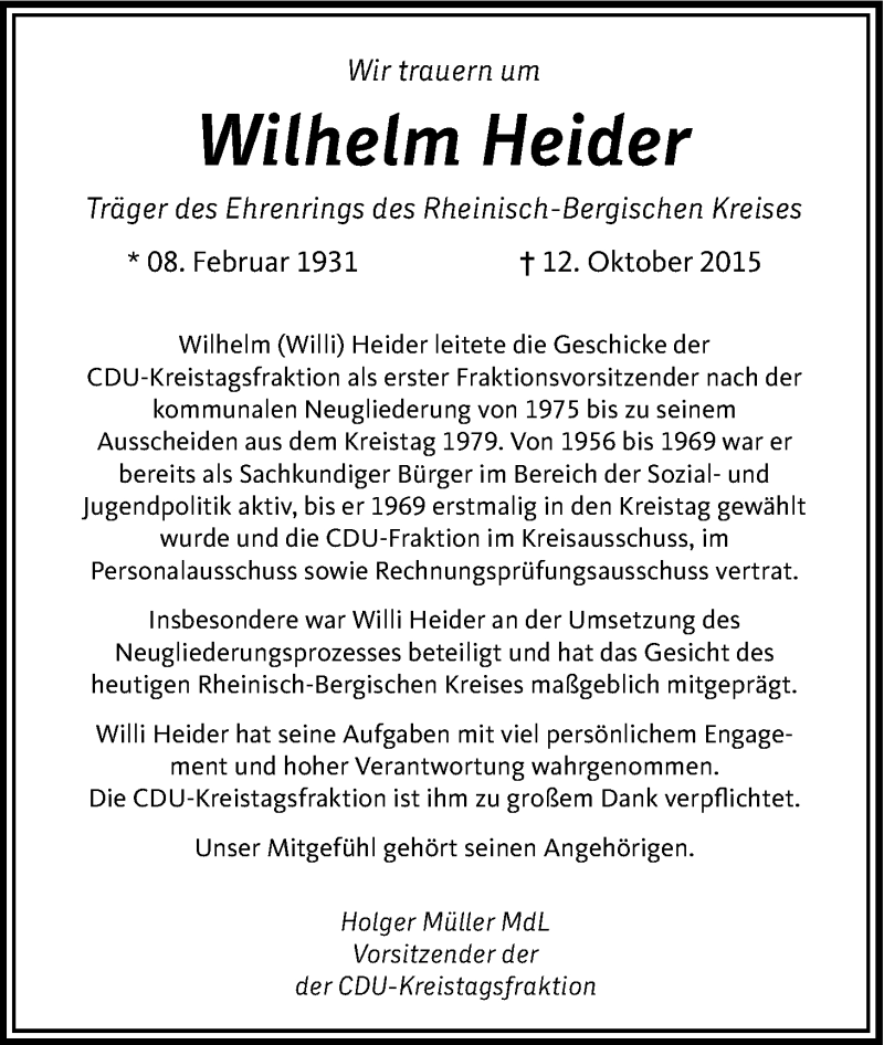  Traueranzeige für Wilhelm Heider vom 30.10.2015 aus Kölner Stadt-Anzeiger / Kölnische Rundschau / Express