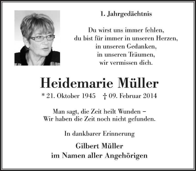  Traueranzeige für Heidemarie Müller vom 04.02.2015 aus  Extra Blatt 