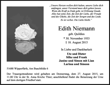 Anzeige von Edith Niemann von Kölner Stadt-Anzeiger / Kölnische Rundschau / Express