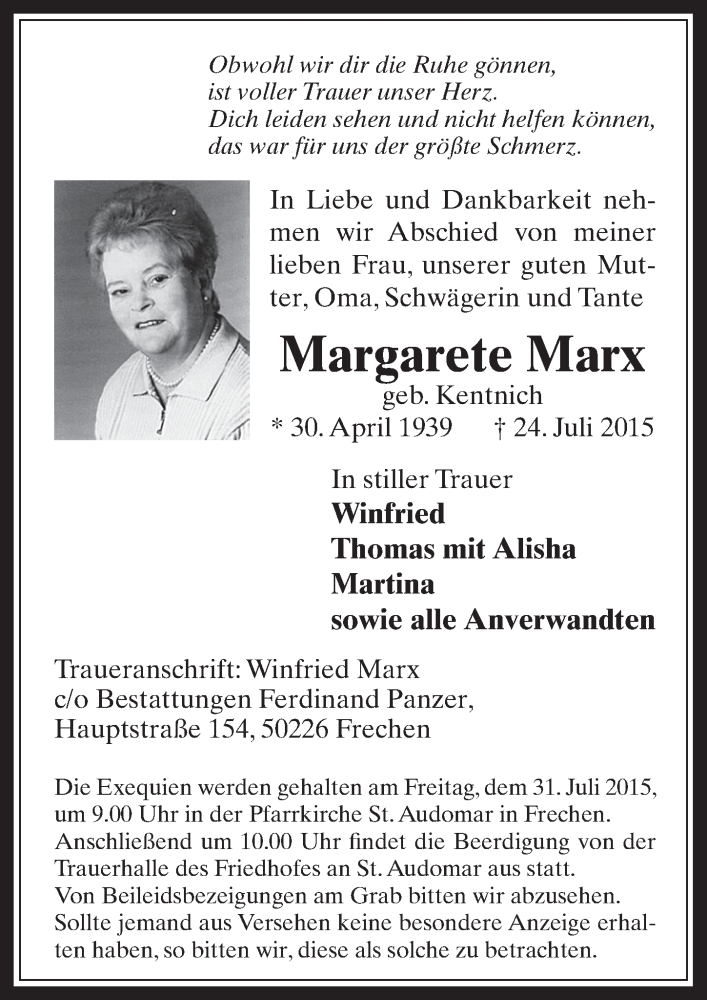  Traueranzeige für Margarete Marx vom 29.07.2015 aus  Wochenende 