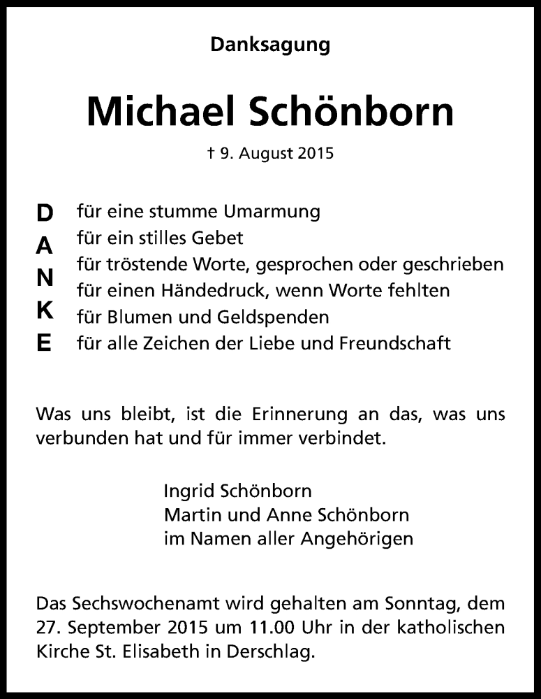  Traueranzeige für Michael Schönborn vom 19.09.2015 aus Kölner Stadt-Anzeiger / Kölnische Rundschau / Express