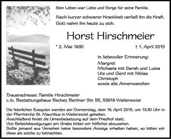 Anzeige von Horst Hirschmeier von Kölner Stadt-Anzeiger / Kölnische Rundschau / Express