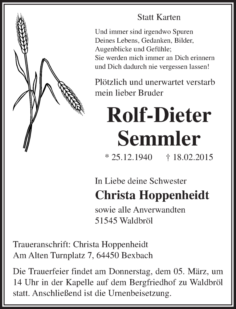  Traueranzeige für Rolf-Dieter Semmler vom 04.03.2015 aus  Lokalanzeiger 