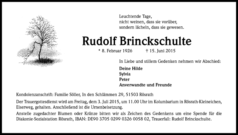  Traueranzeige für Rudolf Brinckschulte vom 27.06.2015 aus Kölner Stadt-Anzeiger / Kölnische Rundschau / Express