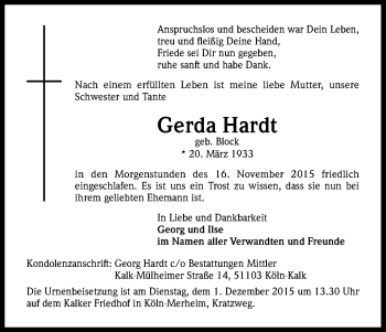 Anzeige von Gerda Hardt von Kölner Stadt-Anzeiger / Kölnische Rundschau / Express